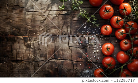 Fresh Tomatoes and Herbs on a Rustic Wooden Board 112293717