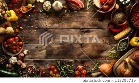 Fresh Vegetables and Salad Bowls on a Wooden Table 112293719