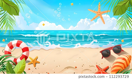 Tropical Beach Scenery with Starfish and Flowers 112293729