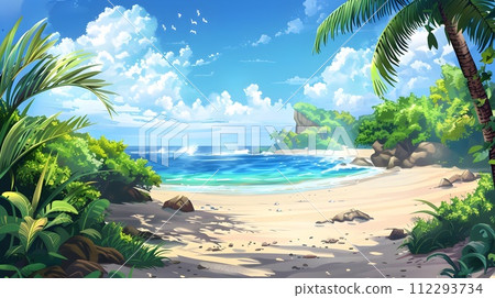 Tropical Beach Scene in Vibrant Cartoon Style 112293734