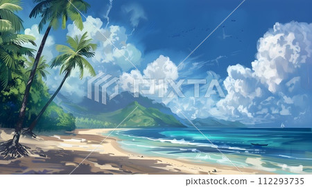 Beach and Ocean Wallpaper with Palm Trees in the Style of Speedpainting Beach and Ocean Wallpaper with Palm Trees in the Style of Speedpainting 112293735