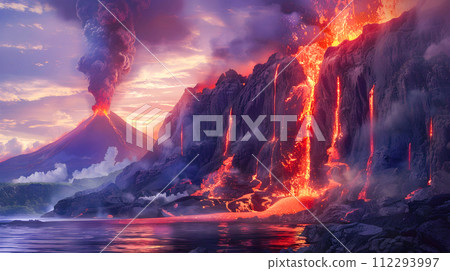 Epic Volcanic Eruption with Lava and Ocean in Realistic Fantasy Style 112293997