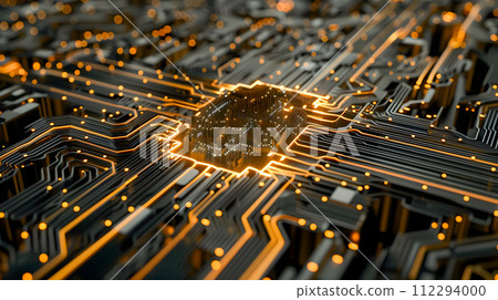 Golden Light 3D Rendering of Electronic Circuitry 112294000