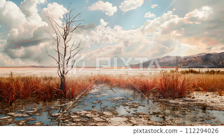 Lone Tree at the Edge of a Salt Lake in Montanas Alpine Desert 112294026