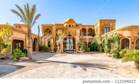 Elegant Desert Villa with Arched Driveway and Palm Trees 112294027