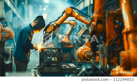 Welding Operator Working with Industrial Robots in a Factory 112294053