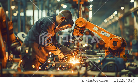 Workers in Industrial Factory with Robots and Sparks 112294054