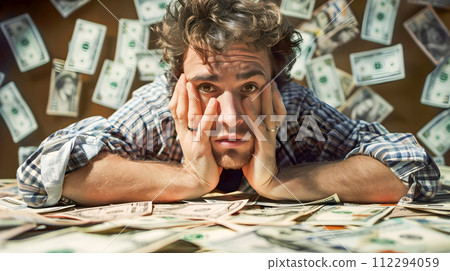 Man Surrounded by Piles of Money in Dreamlike Portraiture 112294059