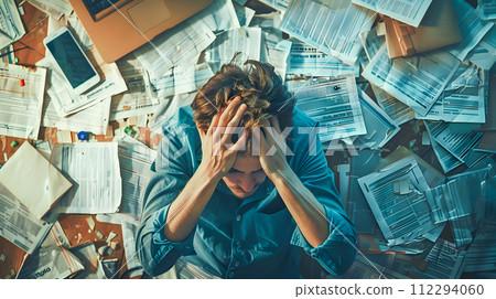 Man Frustrated by Endless Paperwork at the Office Man Frustrated by Endless Paperwork at the Office 112294060