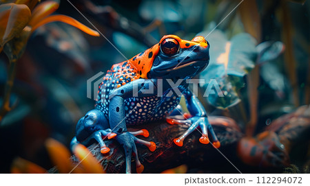 Orange and Blue Frog Perched on a Branch in Tropical Atmosphere 112294072