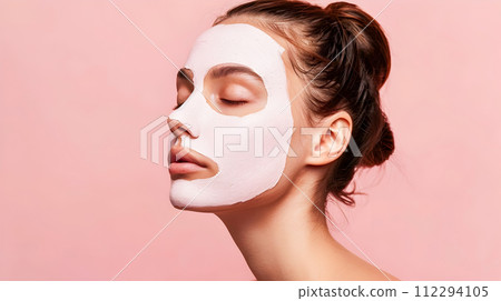 Beautiful Young Woman in Facial Mask on Pink Background 112294105