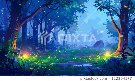 Vibrant Illustrated Forest Scene with Fireflies Vibrant Illustrated Forest Scene with Fireflies 112294177