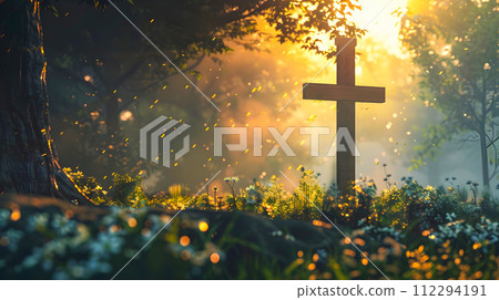 Sunrise Scene with Flowers Blooming Around a Wooden Cross Sunrise Scene with Flowers Blooming Around a Wooden Cross 112294191