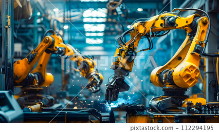 Robot Arms Welding in a Factory with Dark Gold and Azure Tones Robot Arms Welding in a Factory with Dark Gold and Azure Tones 112294195