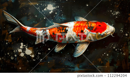 Hyperrealistic Koi Fish Painting on Black Background 112294204