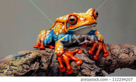 Hyperrealistic Blue and Orange Frog Statue on a Branch Hyperrealistic Blue and Orange Frog Statue on a Branch 112294207