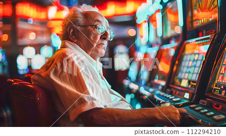 Old Man Engrossed in Gambling Experience at Casino 112294210