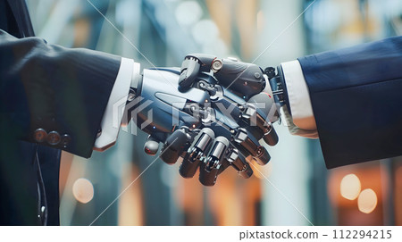Business Partners Shaking Hands with a Robot in a Futuristic Setting Business Partners Shaking Hands with a Robot in a Futuristic Setting 112294215