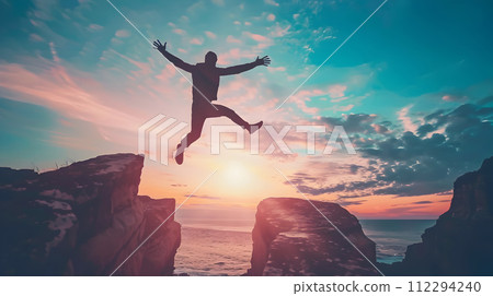 Man High Jumping Off Edge of Rock at Sunset in the Style of Joyful Whimsicality 112294240