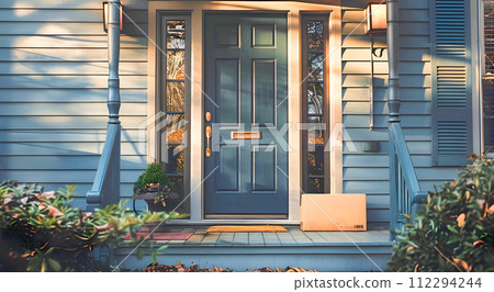 Moody Lit Front Door with Package in Golden Sunlight 112294244