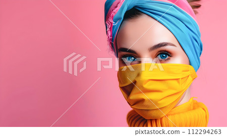 Stylish Woman Wearing Face Mask on Pink Background Stylish Woman Wearing Face Mask on Pink Background 112294263