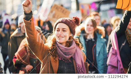 Woman Holding Protest Sign in the Style of Light Amber and Violet 112294274