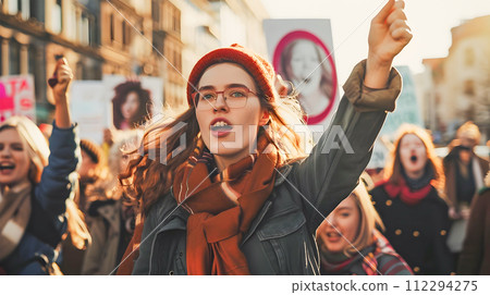 Woman Holding Signs during Gender Inequality Protest Woman Holding Signs during Gender Inequality Protest 112294275