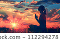 Woman in Prayer at Sunset - A Faith-Inspired Silhouette in Digital Art 112294278