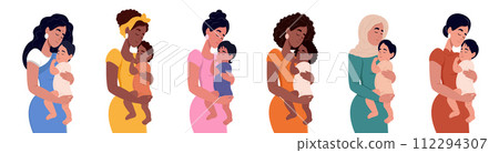 A set of different women with a newborn baby. African American, Muslim, Native American, African, Chinese, Asian. Young beautiful multiethnic women of different nationalities. 112294307