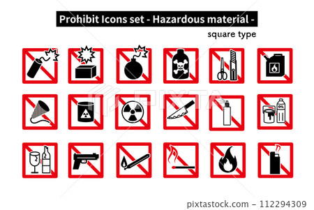 Icon set of "prohibition", "caution" and "warning" regarding bringing in dangerous goods 112294309