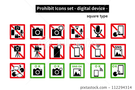Prohibition, caution, warning, permission icon set (icons related to digital devices) Prohibition, caution, warning, permission icon set (icons related to digital devices) 112294314