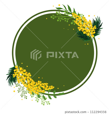 Spring green round frame with yellow tulip, mimosa for text. Vector template with flowers for design 112294338