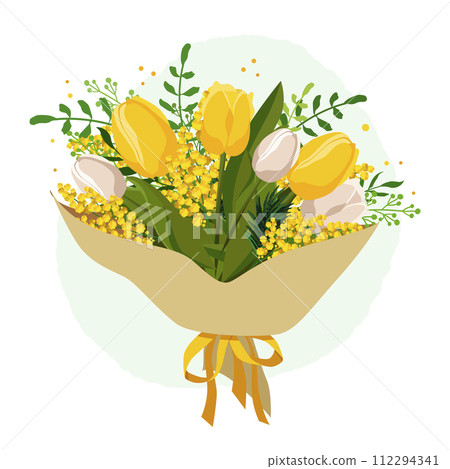 Spring isolated bouquet with yellow tulips and mimosa. Vector template with flowers for design 112294341