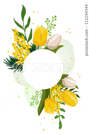 Spring round frame with yellow tulip and mimosa for text. Vector template with flowers for design Spring round frame with yellow tulip and mimosa for text. Vector template with flowers for design 112294344