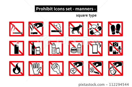 Icon set of "prohibited", "caution" and "warning" related to manners 112294544