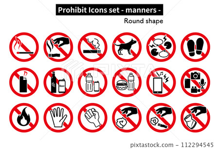 Icon set of "prohibited", "caution" and "warning" related to manners Icon set of "prohibited", "caution" and "warning" related to manners 112294545