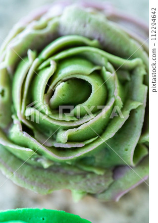 Using buttercream frosting, vanilla and chocolate cupcakes are intricately decorated to resemble various types of cactuses, creating a delightful and visually engaging dessert that showcases 112294642