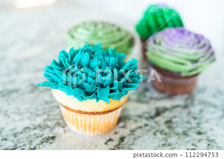 Using buttercream frosting, vanilla and chocolate cupcakes are intricately decorated to resemble various types of cactuses, creating a delightful and visually engaging dessert that showcases Using buttercream frosting, vanilla and chocolate cupcakes are intricately decorated to resemble various types of cactuses, creating a delightful and visually engaging dessert that showcases 112294753