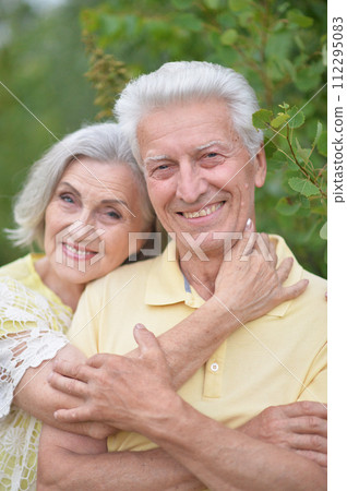 Portrait of happy elderly couple posing in park 112295083
