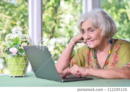 Senior woman with laptop in country house 112295120