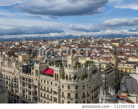 Panoramic aerial view of Gran Via, main shopping street in Madrid, capital of Spain, Europe 112295336