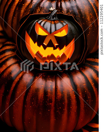Hyperrealistic dark Halloween pumpkin. Extreme closeup. Duotone 112295401