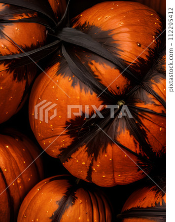 Hyperrealistic dark Halloween pumpkin. Extreme closeup. Duotone Hyperrealistic dark Halloween pumpkin. Extreme closeup. Duotone 112295412