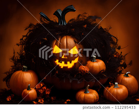 Realistic vintage pumpkin dark Halloween closeup color. 112295433
