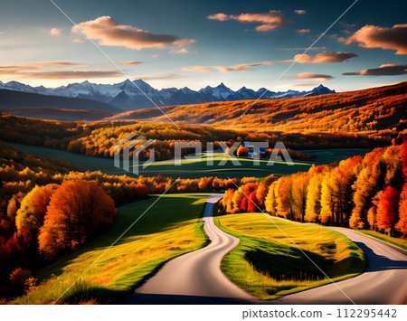 Autumn footpath with flat Pantone colors. 112295442