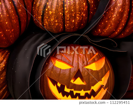 Hyperrealistic dark Halloween pumpkin. Extreme closeup. Duotone 112295451