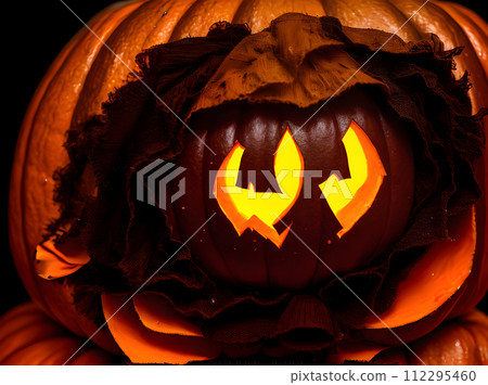 Realistic vintage pumpkin dark Halloween closeup color. 112295460