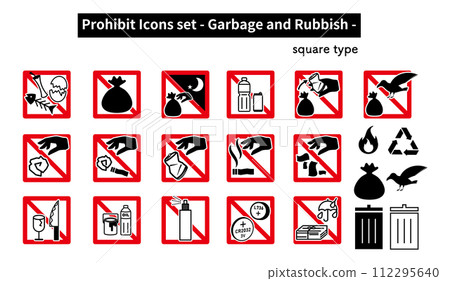 Icon set of "prohibited", "caution" and "warning" related to garbage Icon set of "prohibited", "caution" and "warning" related to garbage 112295640