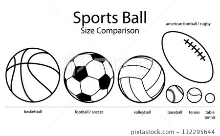 sports ball size diameter comparison - set of black and white vector silhouette symbol illustrations sports ball size diameter comparison - set of black and white vector silhouette symbol illustrations 112295644