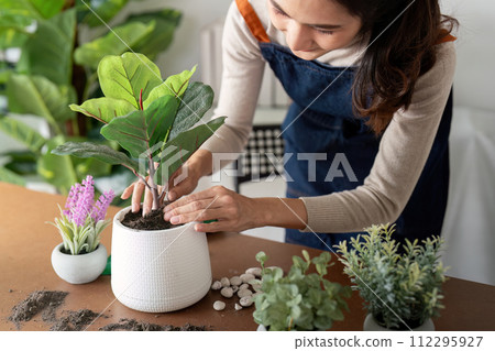 The concept of eco friendly housing, plant care and gardening. Relax home gardening. Gardener woman asian hand planting flower in pot. woman takes care of plant 112295927